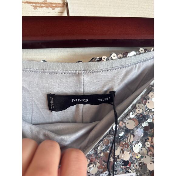 Mango MNG Sequin Midi Skirt Silver Lined Back Slit Zipper Size Small NWT - Picture 6 of 7